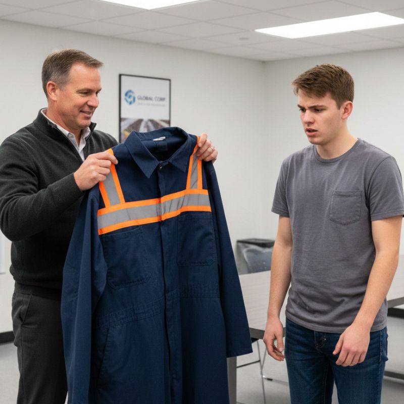 manager handing employee a uniform that is 3x too big