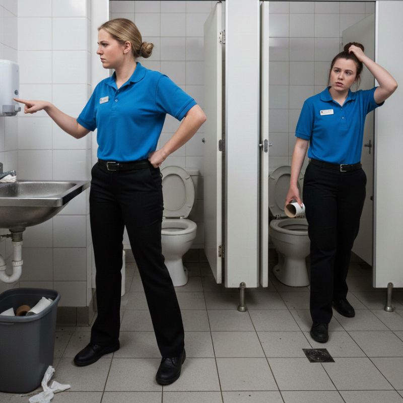 two women in the womens washroom facility, one notices no soap in dispenser, and the other notices no toilet paper in the stall