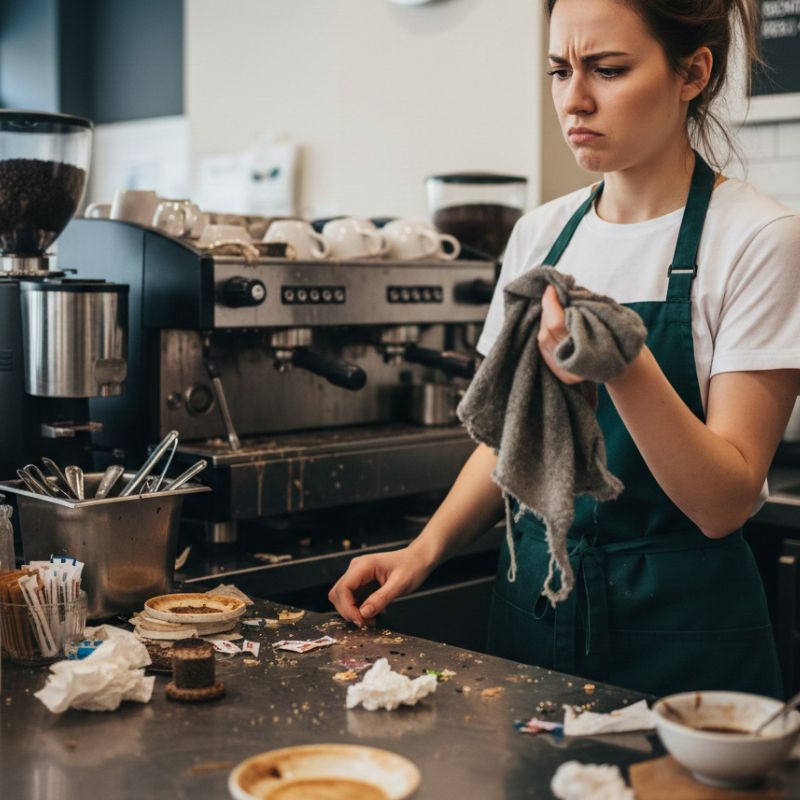 woman holding a really old towel and looking at a filthy counter