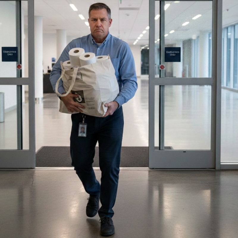 man bringing a bag of toilet paper to his workplace
