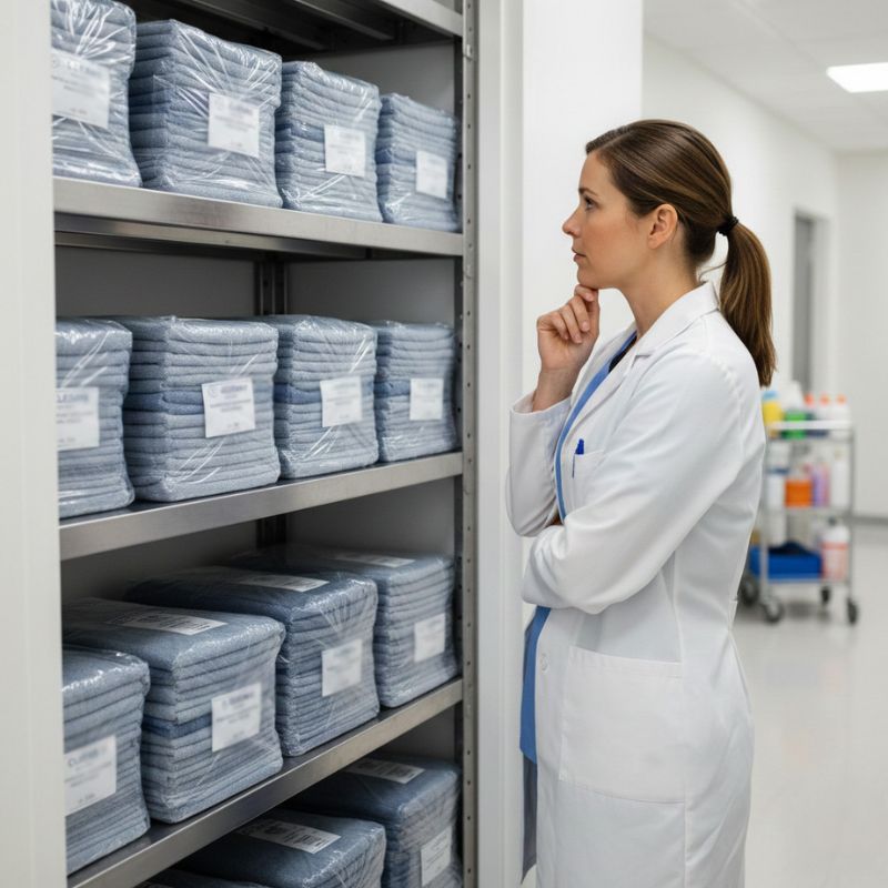 woman checking storage to see how many towels they have on hand
