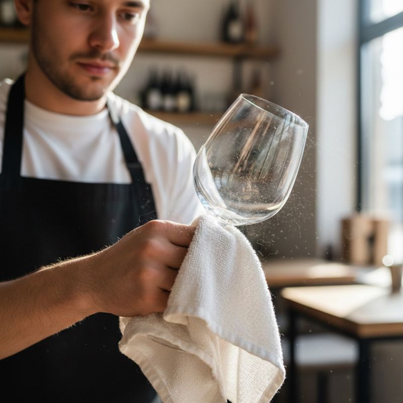 man using a regular towel to wipe a wine glass, lint flying everywhere.