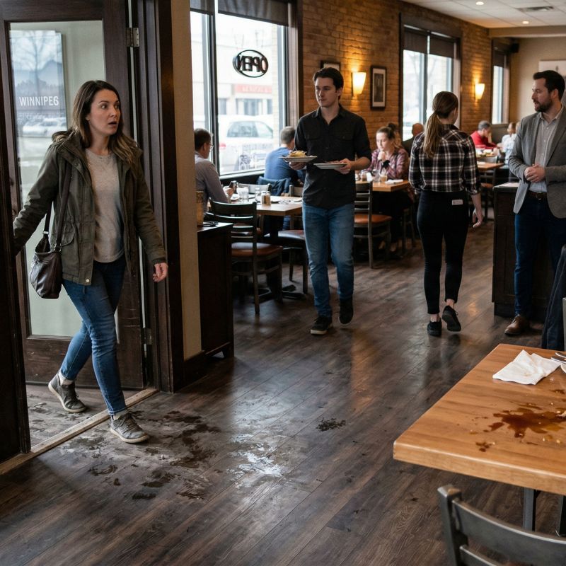 woman walking into a restaurant, wet floors, spill on nearby table