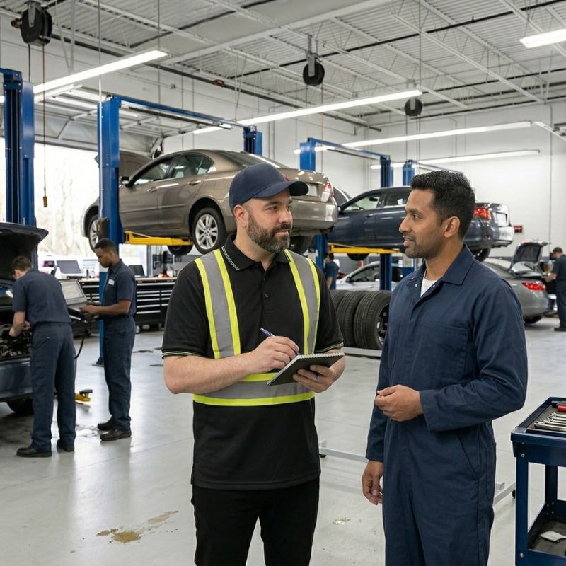 RSR speaking to customer in an automotive repair shop