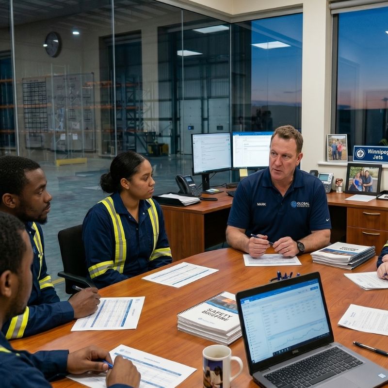 manager handling team meeting before the work day begins