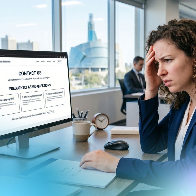 woman looking at a service providers contact us page and realizing there's no contact information listed