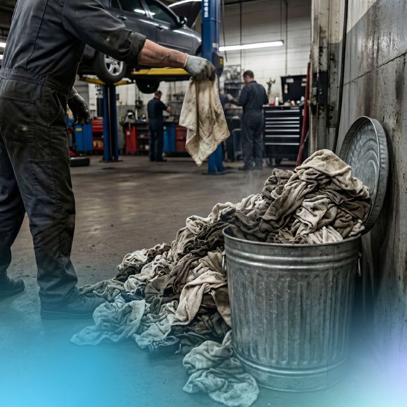 employee placing a used shop towel in a pile of other shop towels