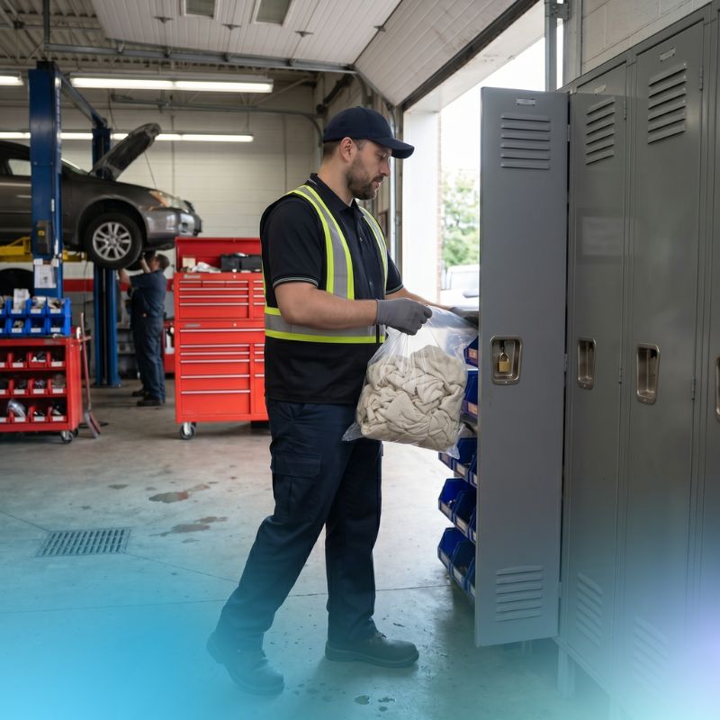 Route Service Representative (RSR) dropping off a fresh bag of shop towels to an automotive repair shop