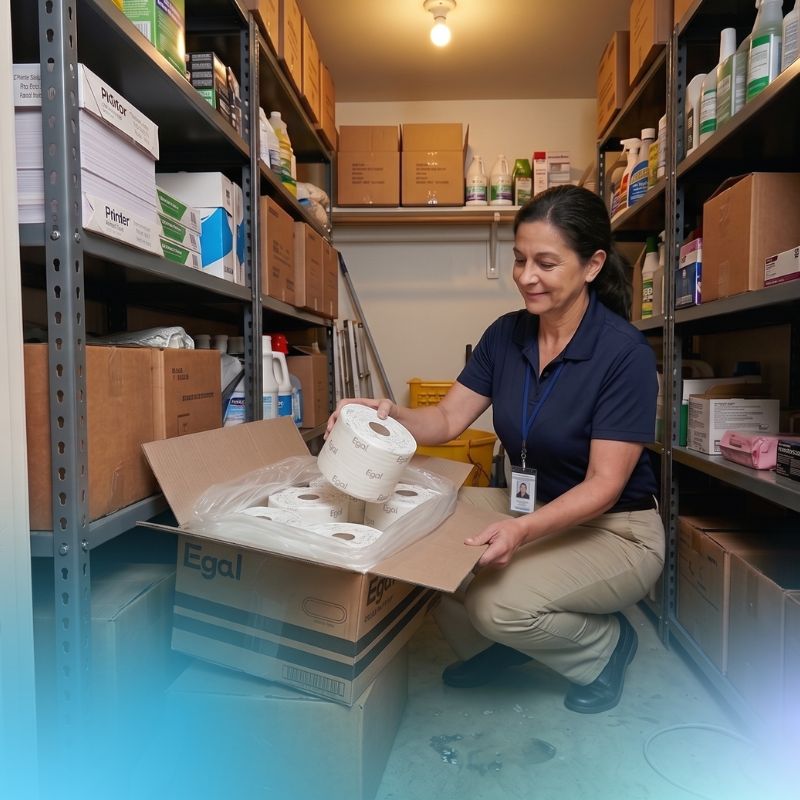 manager getting a roll of pads from a box in storage