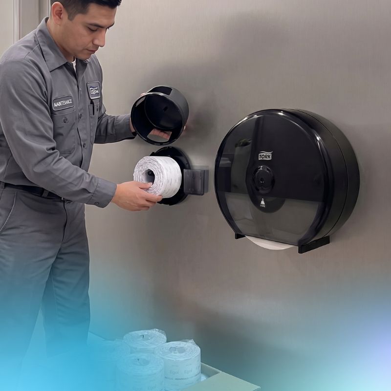 maintenance man refilling egal pad dispenser in a washroom stall.