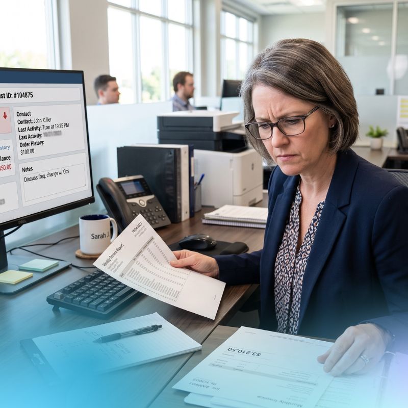 account specialist looking over a customers account and seeing discrepancy