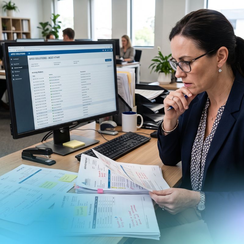 account specialist seeing multiple errors and red notes on an invoice sent to a customer