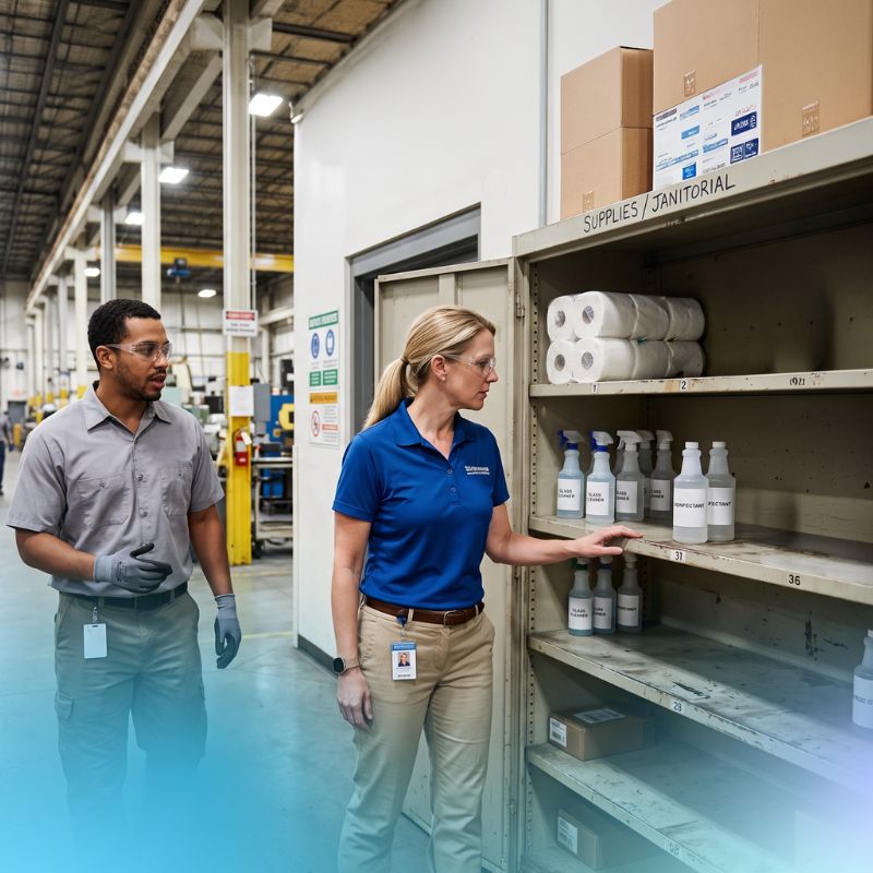 operational manager checking supply cabinet and notices washroom facility stock is depleting