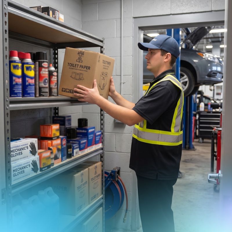service rep re-stocking storage with a box of toilet paper