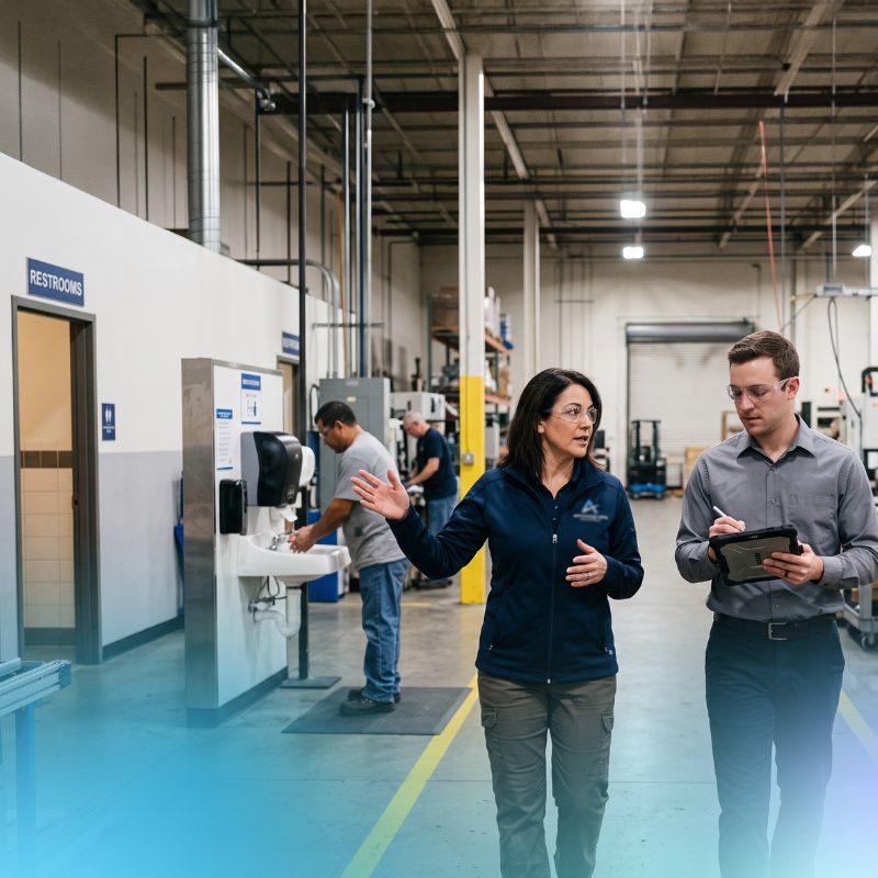 operational manager walking through the plant, pointing out the washroom facility. sales rep is taking notes as they move along the plant.