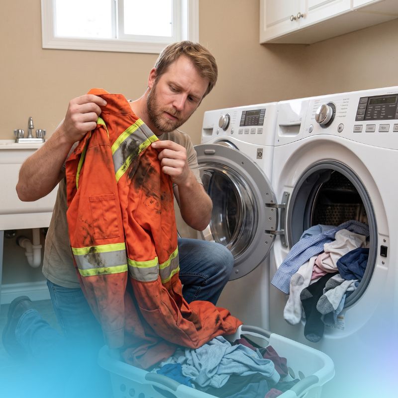 man looking at his FR uniform and examining the stain before placing into the washer.