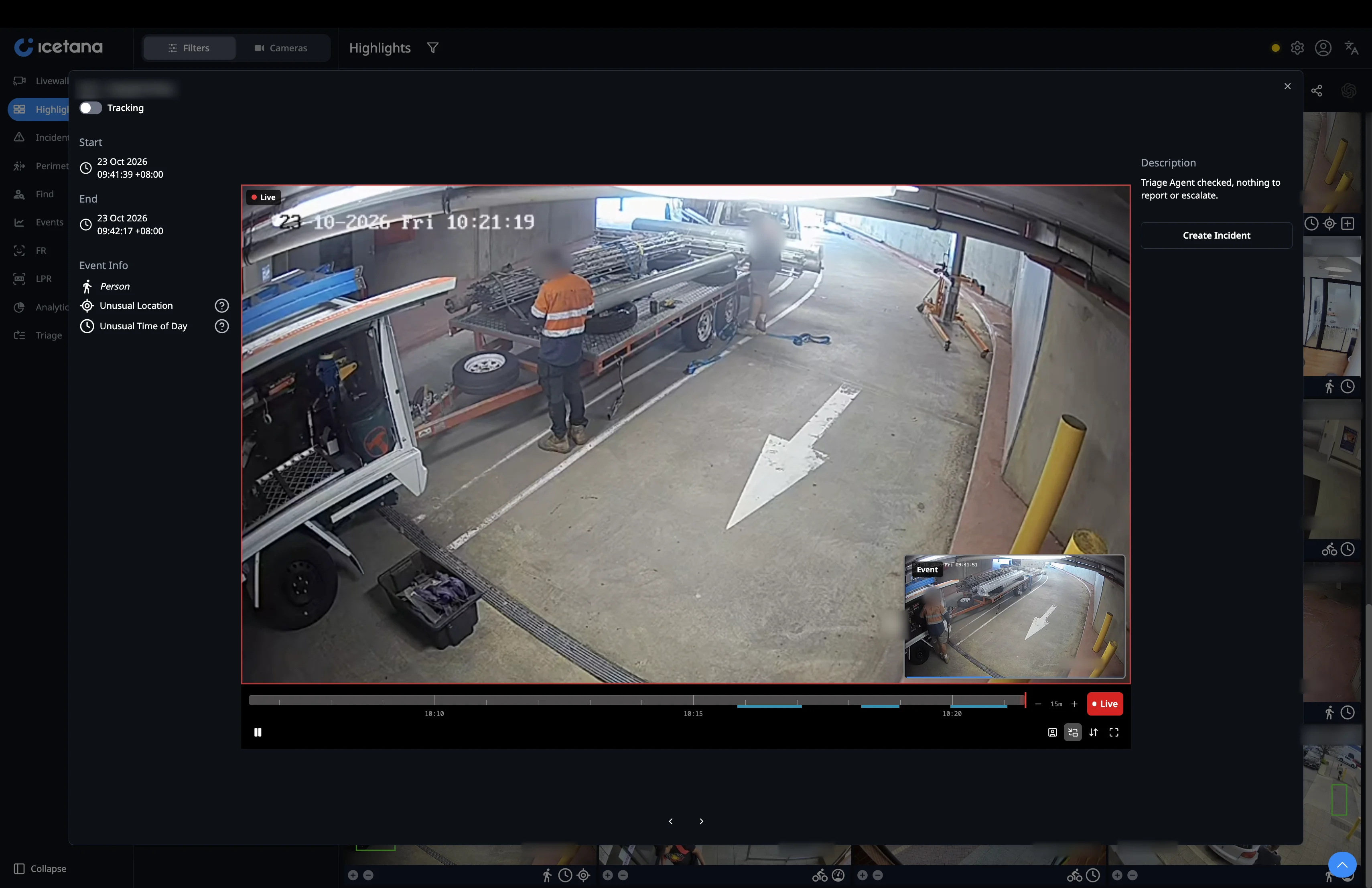Views swapped, live feed in the main view, event clip bottom right