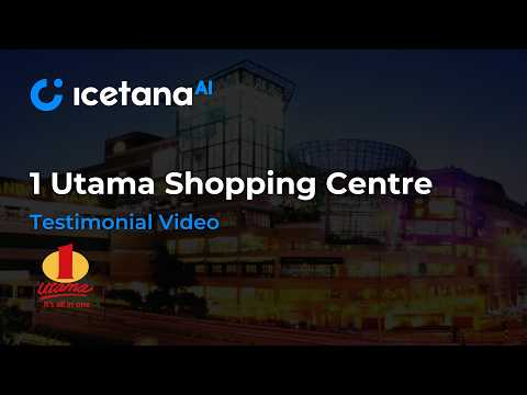 Night view of 1 Utama Shopping Centre with Icetana AI logo and text 'Testimonial Video'.