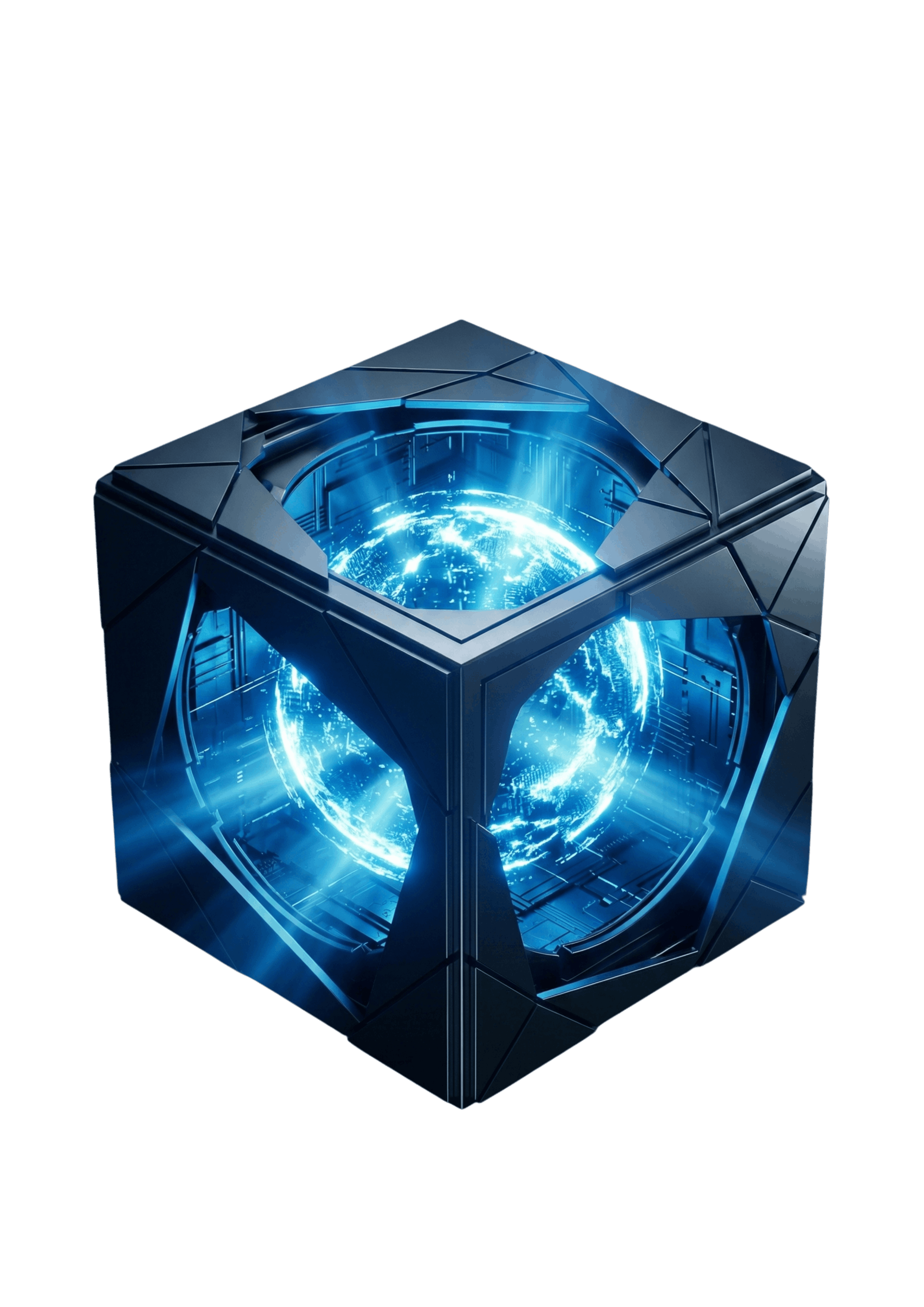Glowing blue digital sphere inside a futuristic black cube with triangular patterns.