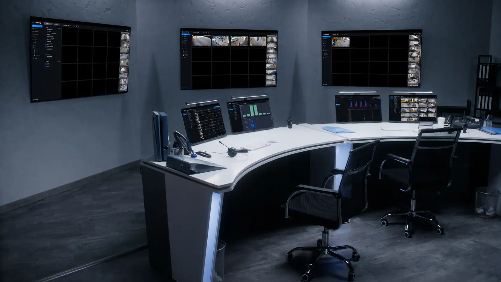 Modern security control room with desks, multiple monitors showing surveillance camera feeds and data.