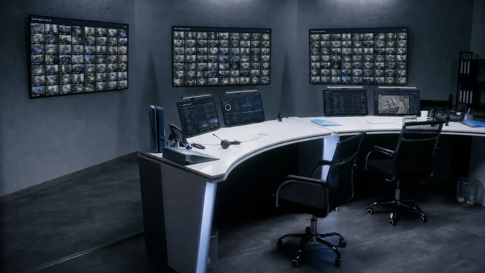 Security control room with multiple monitors displaying camera feeds and data dashboards on curved desks.
