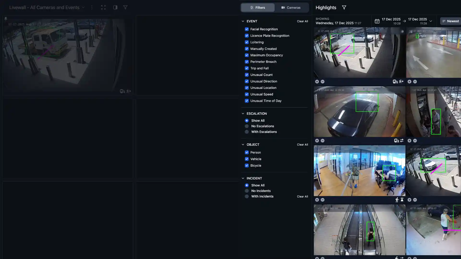 Surveillance system interface showing multiple camera feeds with detected objects in green boxes and filter options.
