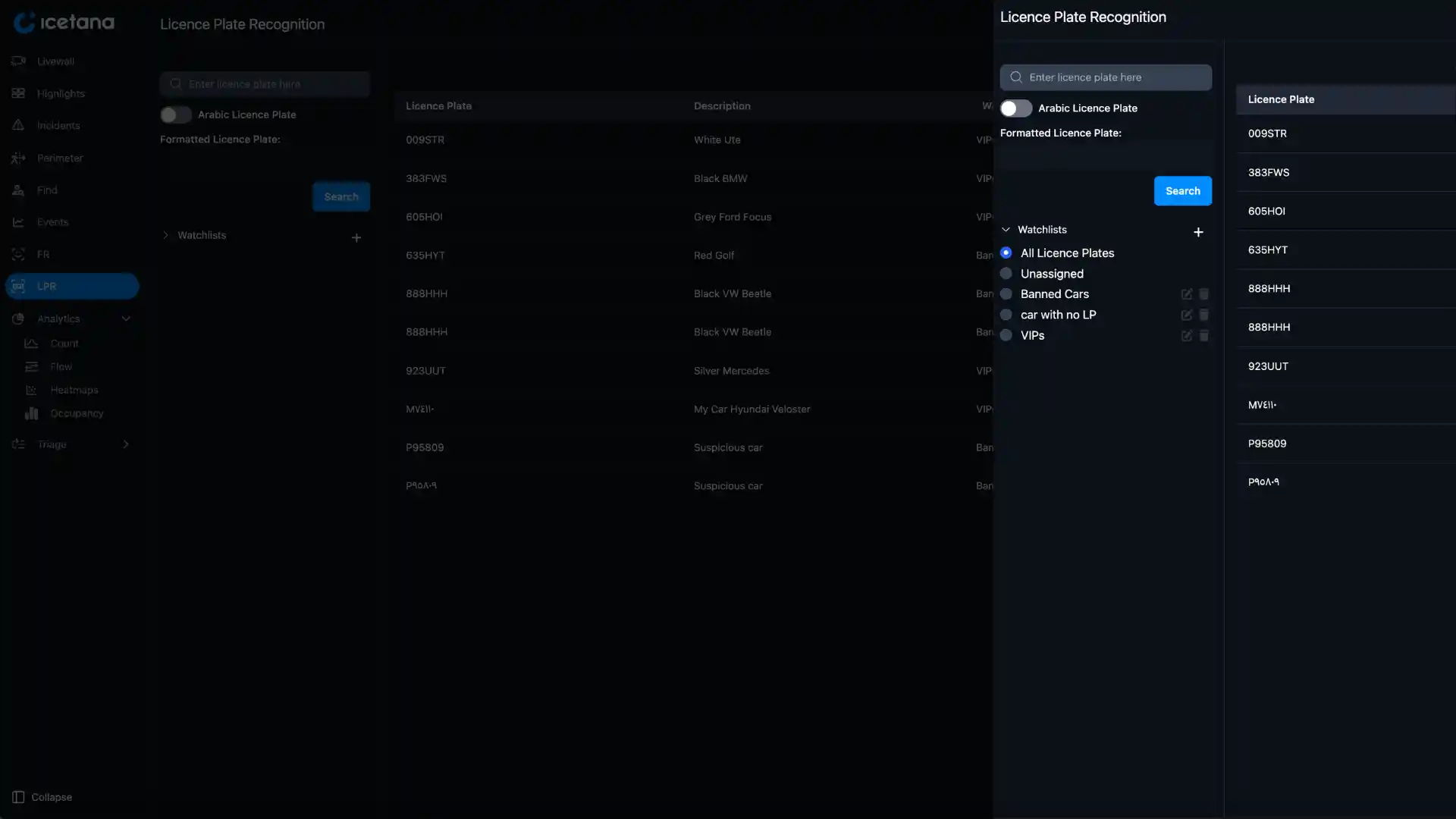 Licence Plate Recognition interface displaying licence plates, descriptions, and watchlist filter options.