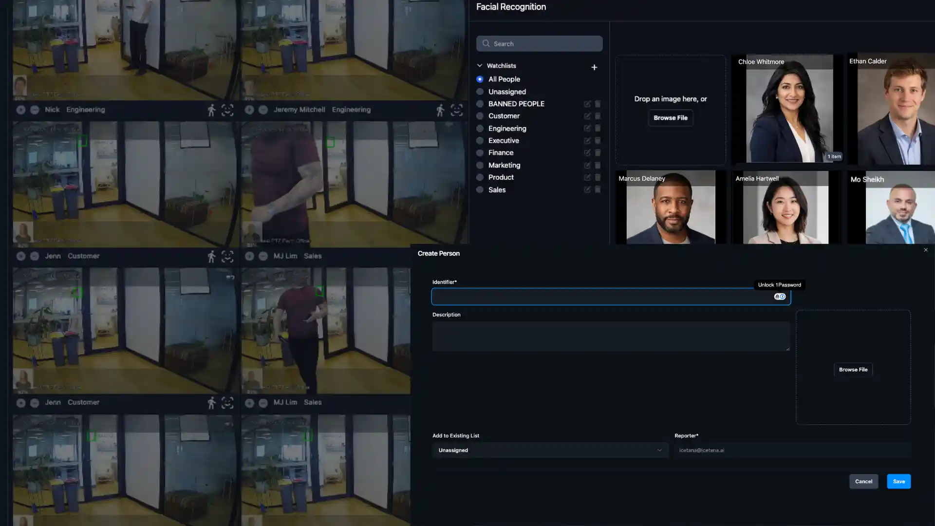 User interface for facial recognition showing camera feeds, watchlist names, and person profile photos.