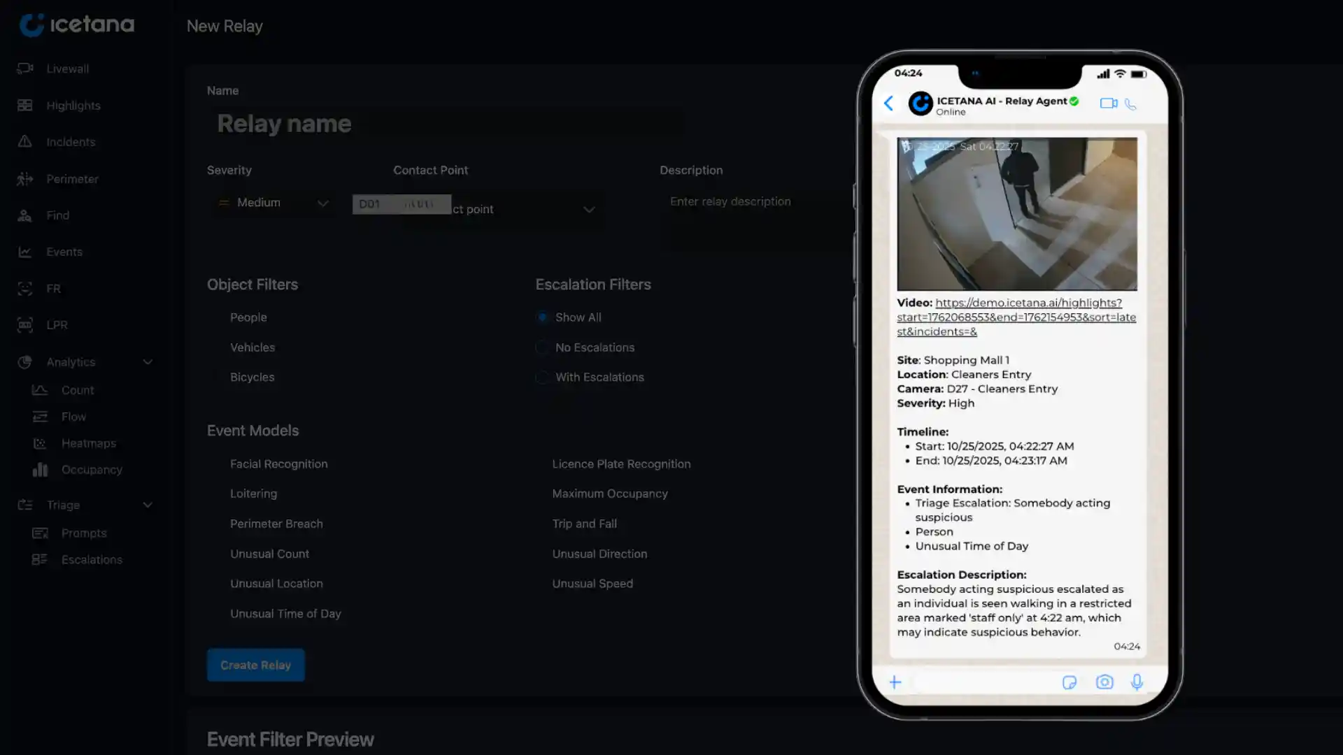 Smartphone screen showing security alert with video thumbnail of person in restricted area at 4:22 AM.
