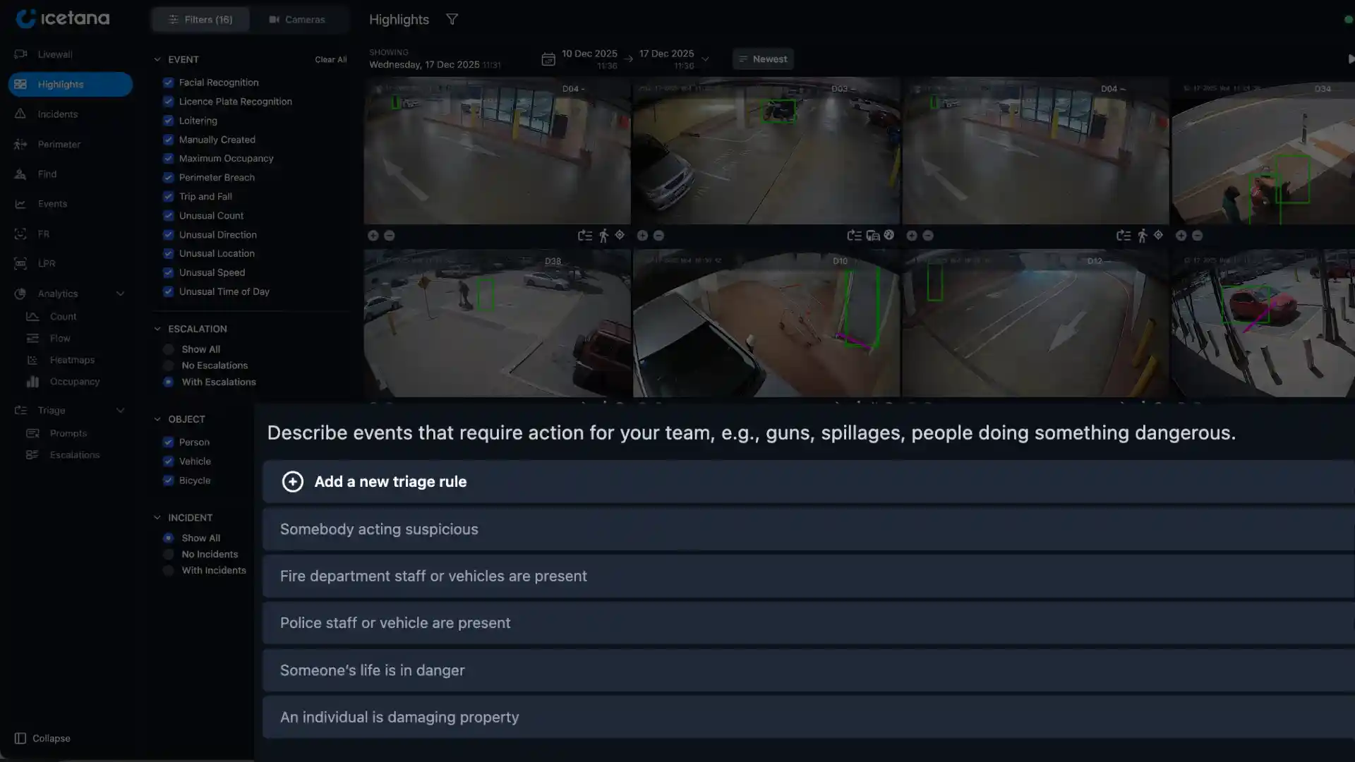 Security camera interface showing multiple surveillance feeds with detected persons in green boxes and alert triage rules.