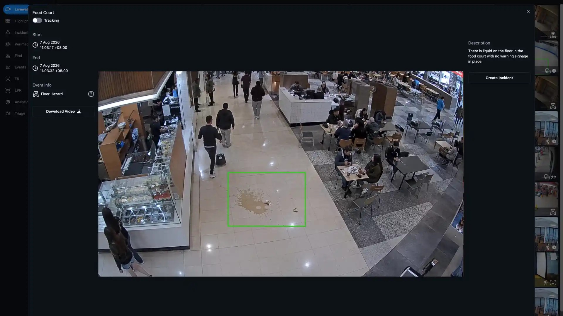 Food court scene with spilled liquid and broken cup on floor near walking people and seated diners.
