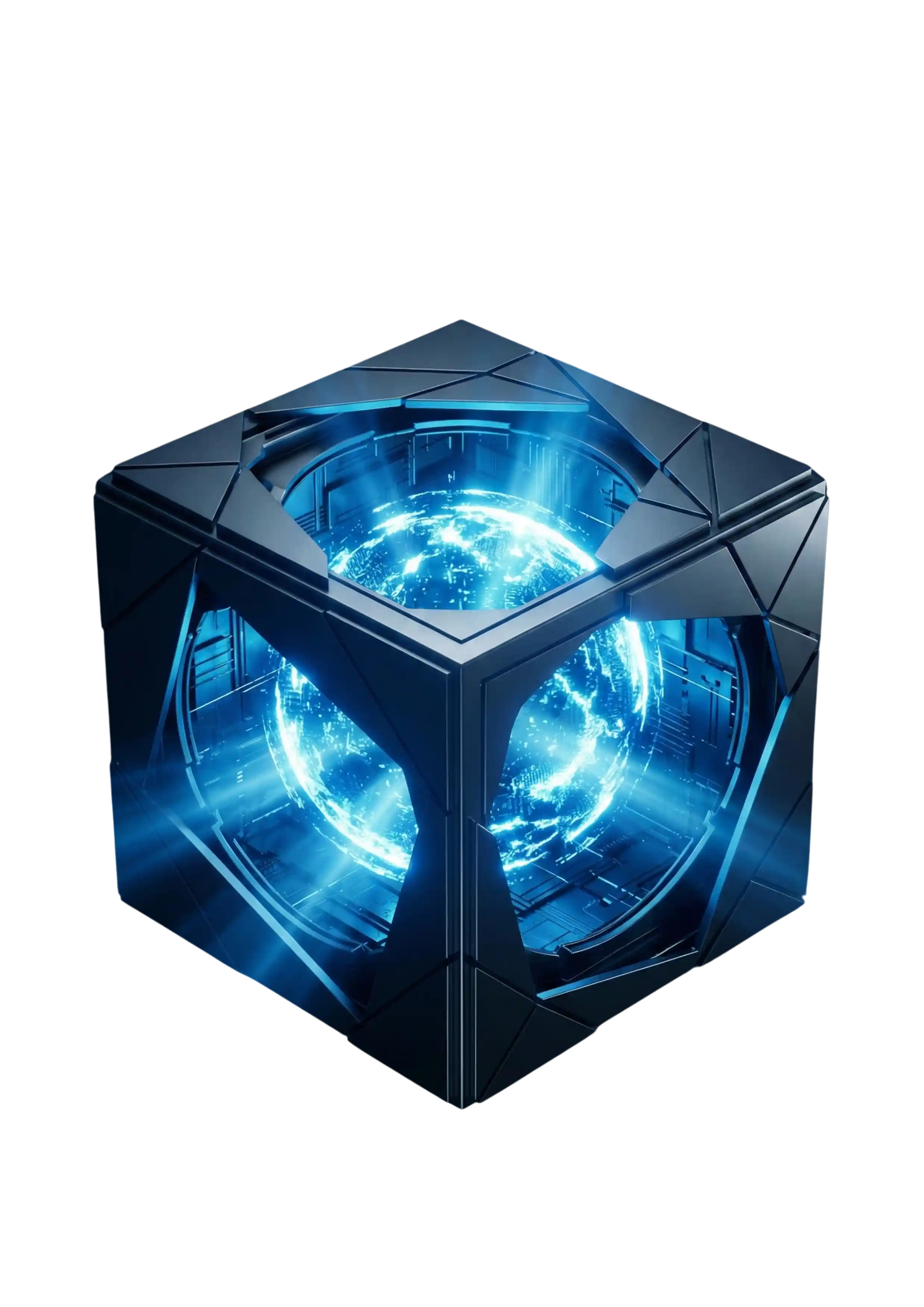 Glowing blue digital sphere inside a futuristic black cube with triangular patterns.
