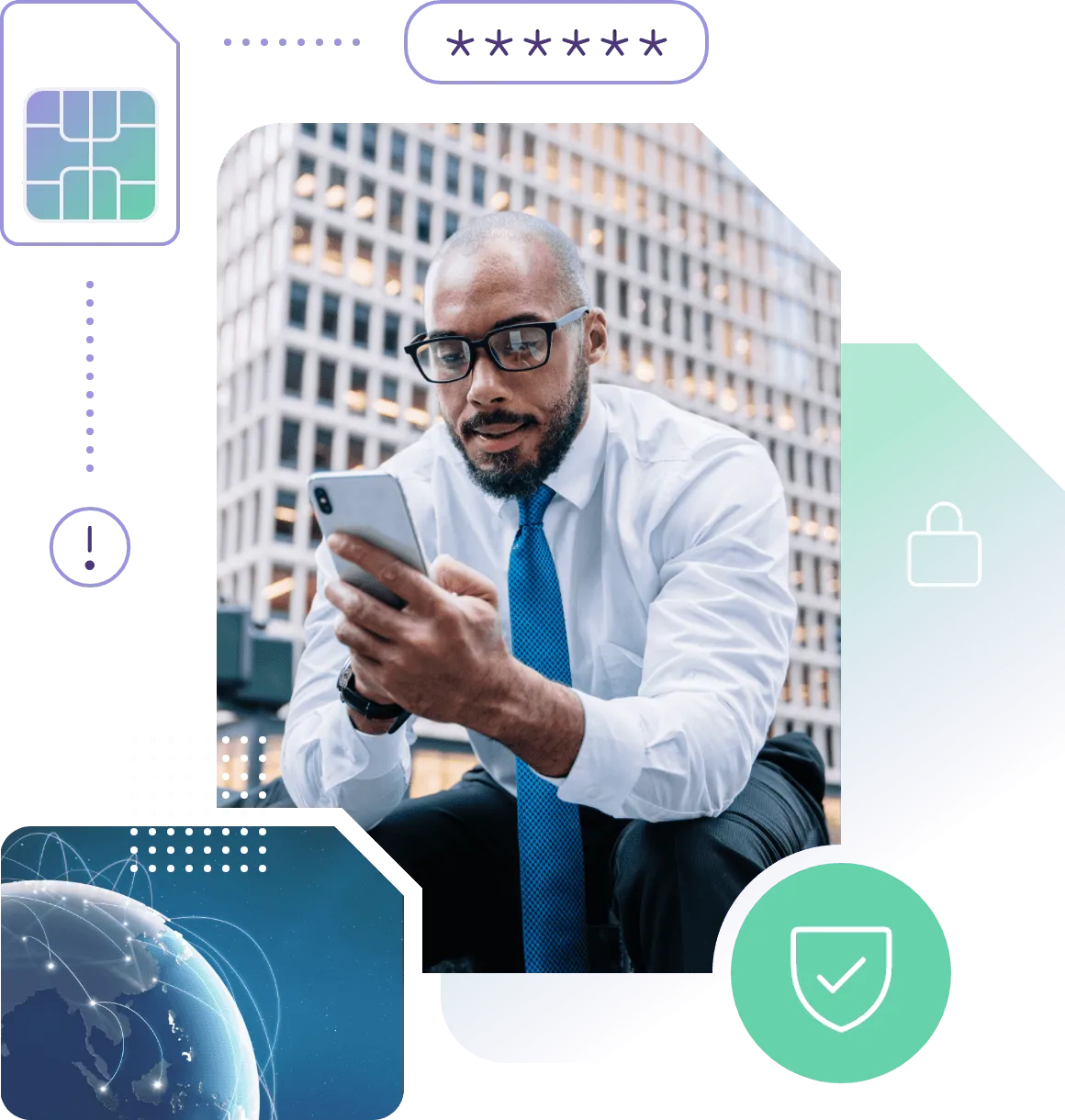 Man in business attire using a smartphone outdoors with icons symbolizing SIM card security and digital protection.