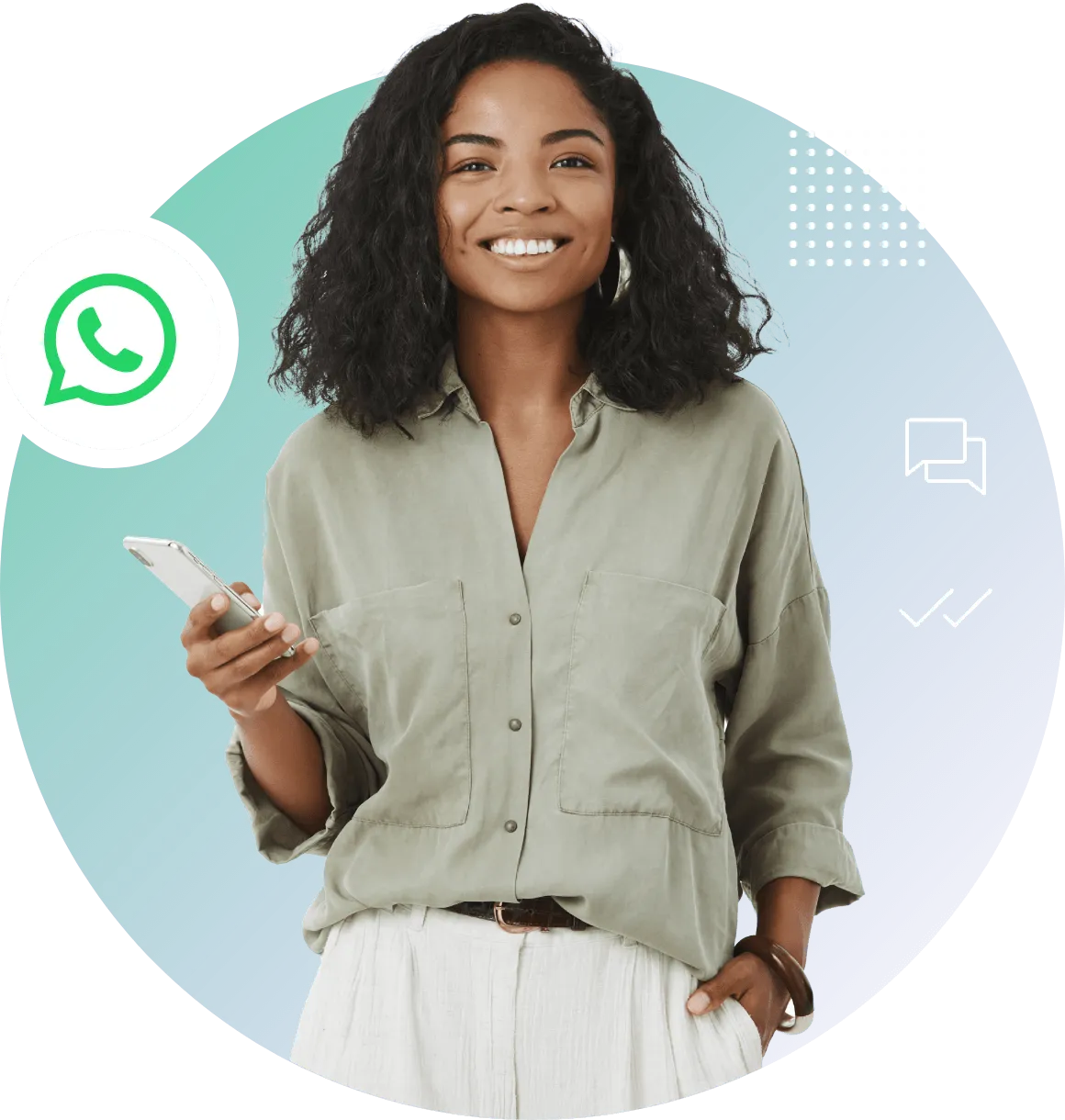 Smiling woman holding a phone with WhatsApp icon and chat symbols in background