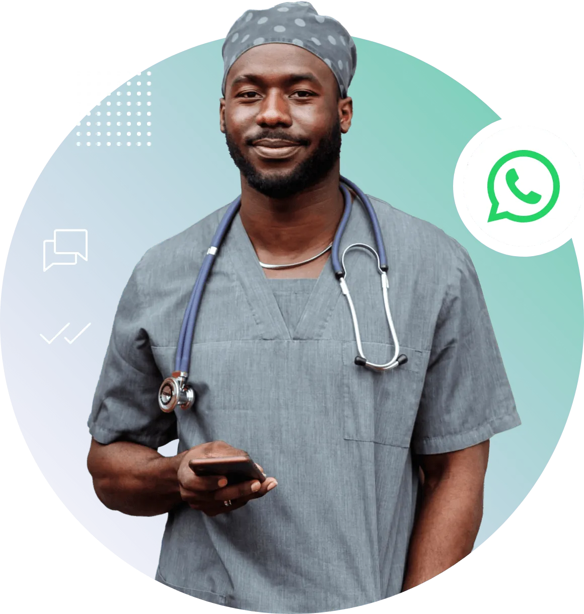 Smiling male medical professional in scrubs with stethoscope holding a smartphone with chat icons and WhatsApp logo