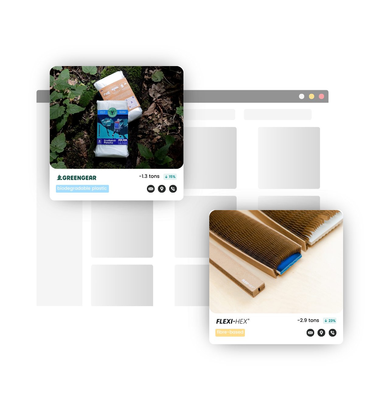 Two widgets from Scrapp's web portal showing sustainable packaging suppliers.