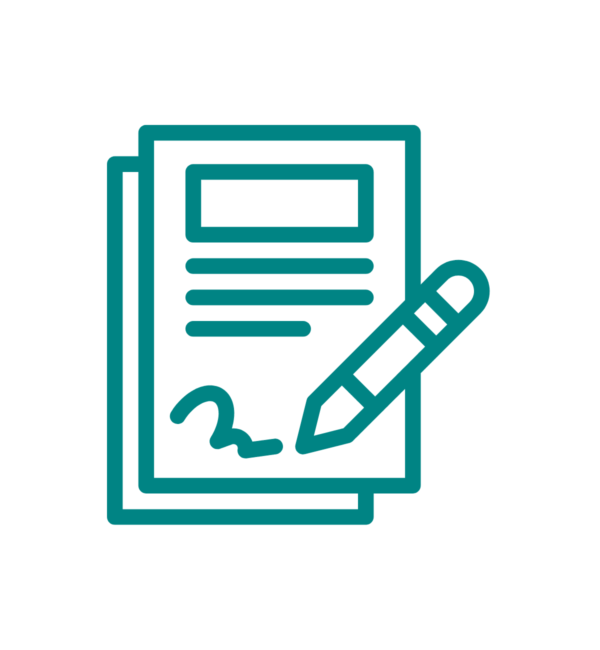 A graphic of a stack of paper and a pen drawing a signature on it.