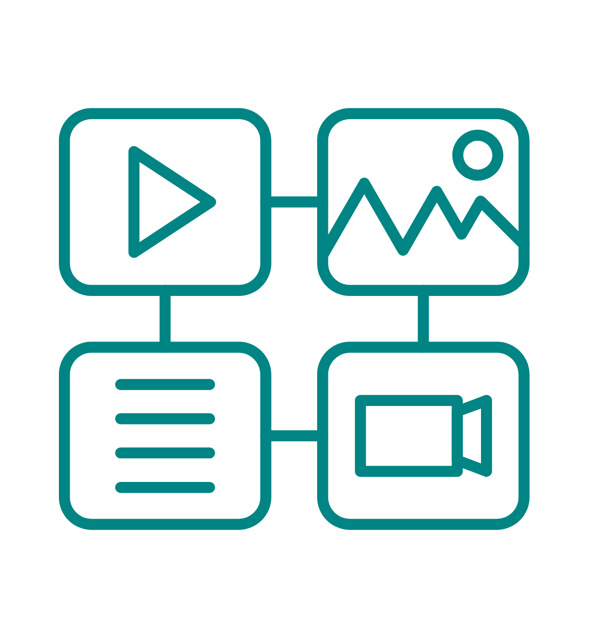 A graphic of 4 squares with a play symbol, mountain range, list and video camera in them.