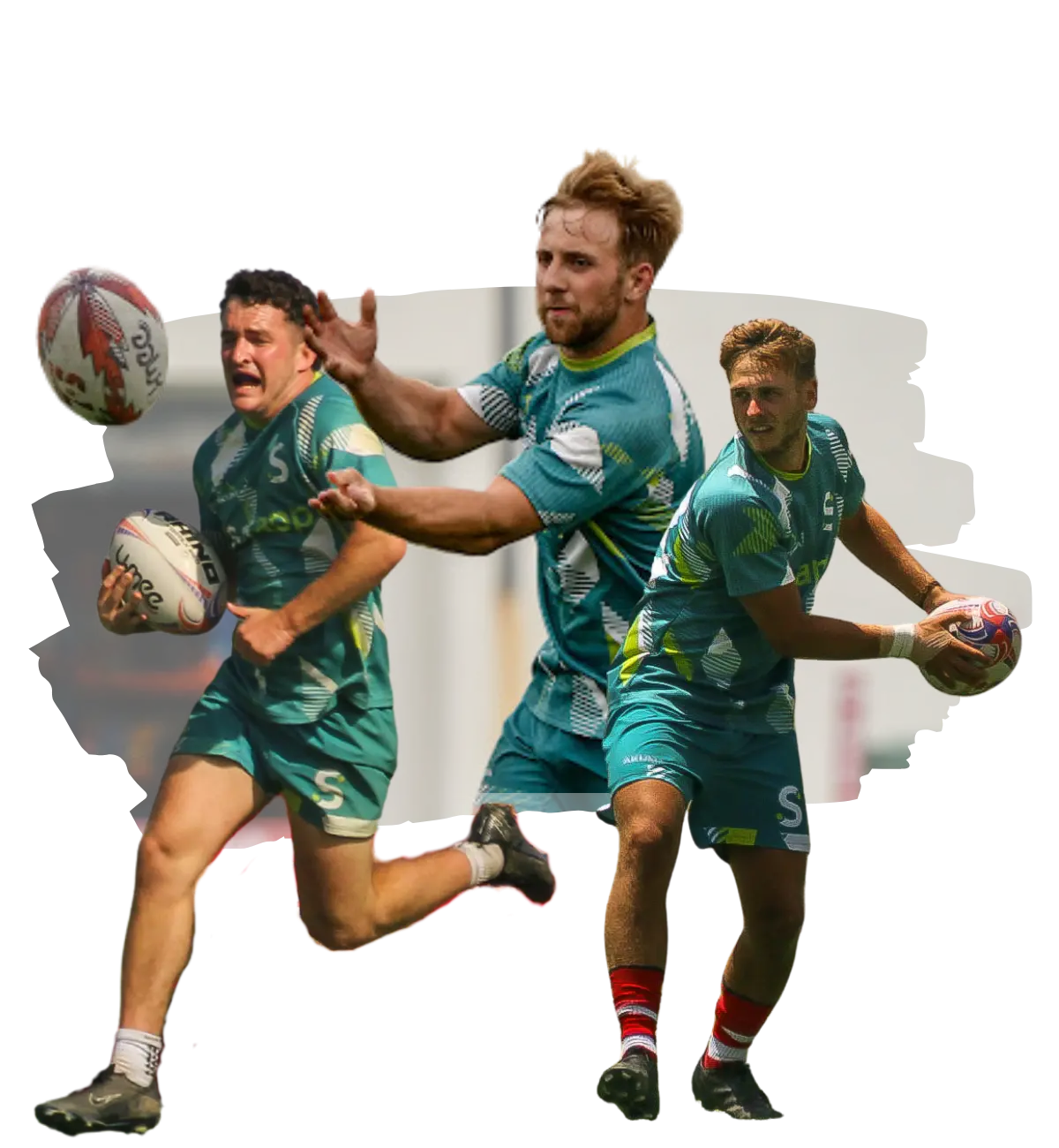 Photo of 3 Scrappy 7s rugby players in action with rugby ball in hands.