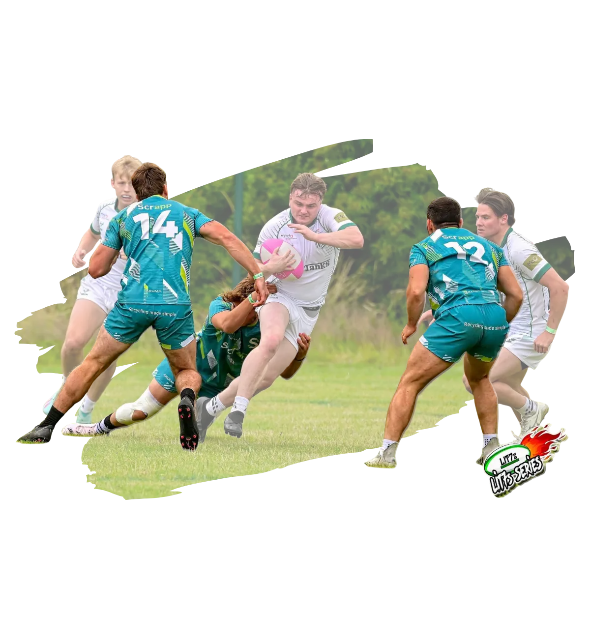 Photo of 2 Scrappy 7s players facing opponents carrying a rugby ball and about to tackle the ball carrier.