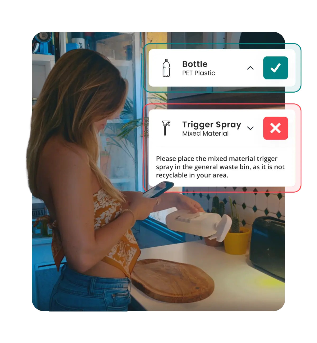 A woman scanning a triggery spray bottle with her phone, with 2 graphics next to her breaking the trigger spray into 2 components: "Trigger" and "Bottle", with recycling instructions next to it.