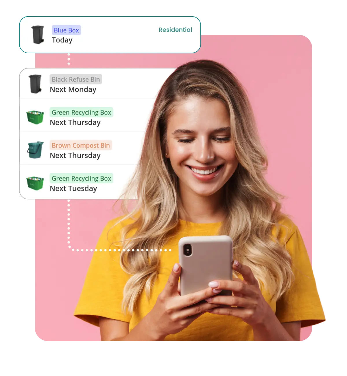 A woman looking down at her phone, smiling with a graphic behind her of her bin schedule for the week.