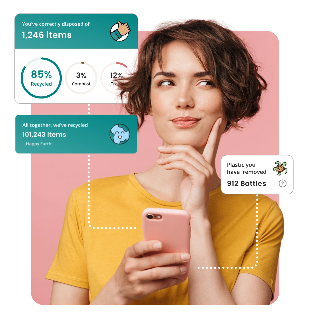 A woman on her phone smiling with her phone in hand, surrounded by graphics showing her recycling stats for the week, how many plastic bottles her community have offset and how many bottles she personally has removed from nature.