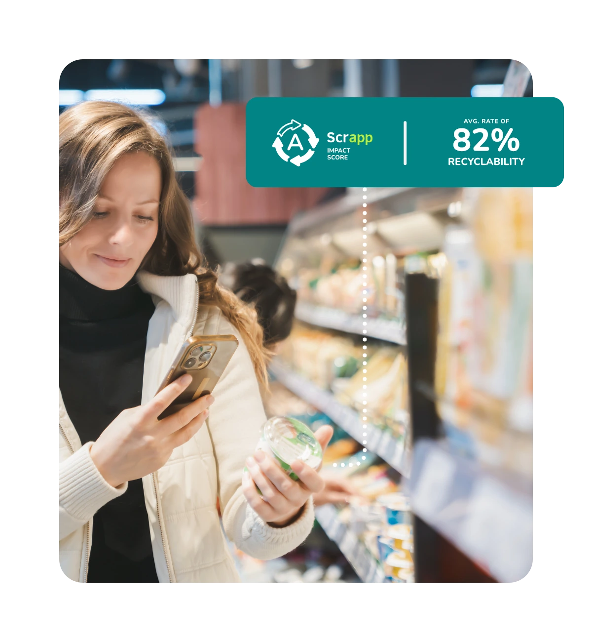 A woman in a supermarket scanning a product with her phone and a graphic off of her saying "82% Recyclability".