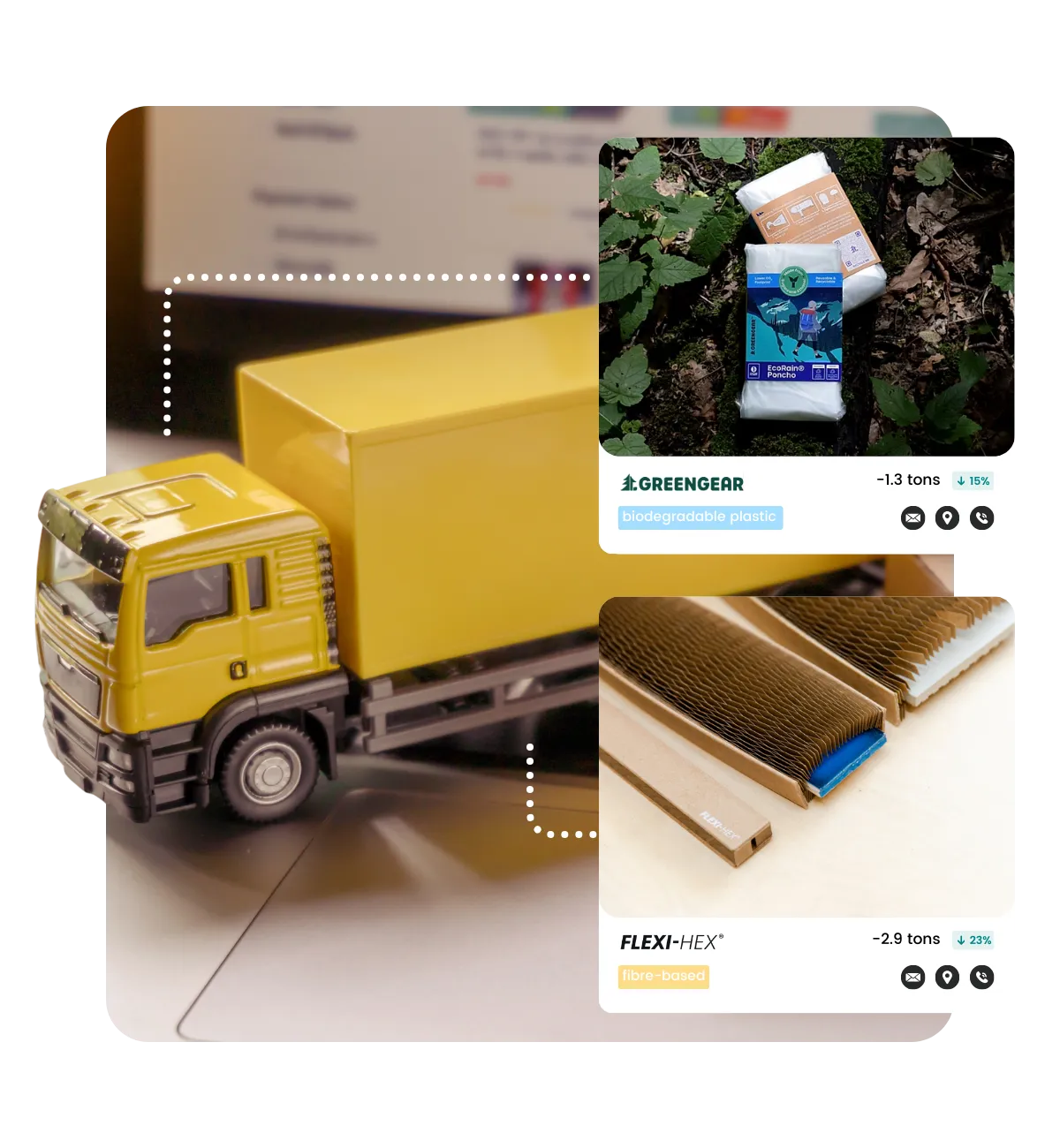 A toy truch with 2 graphics attached to it using Scrapp's graphic cards of sustainable suppliers: Greengear and Flexi-Hex.