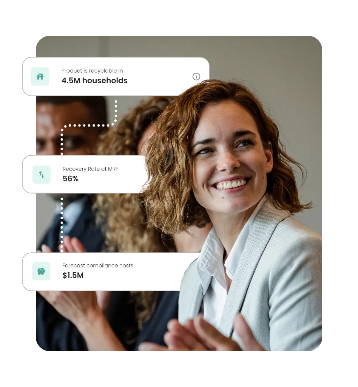 A woman smiling at a board meeting with 3 generic recycling metrics attached to her head.