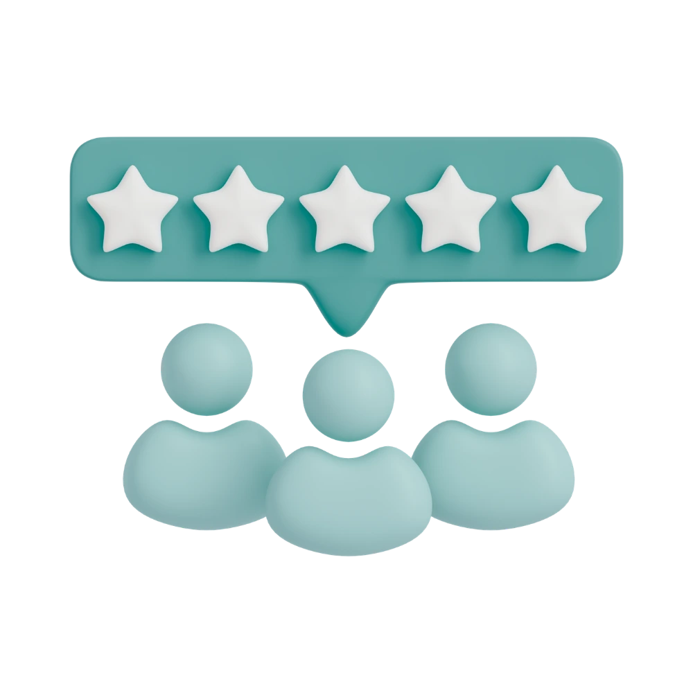 A 3D graphic of 3 people with 5 stars above their head.