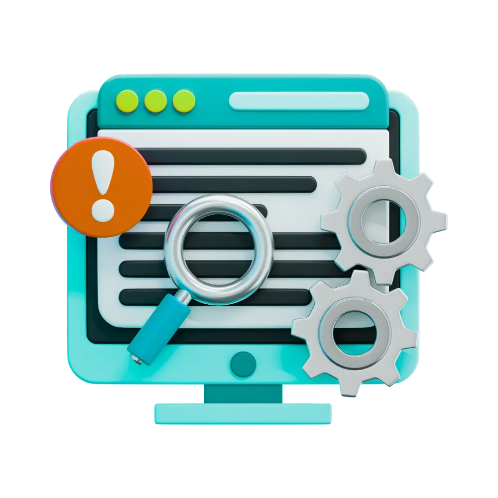 A 3D graphic of a computer with cogs and a magnifying glass overlayed.