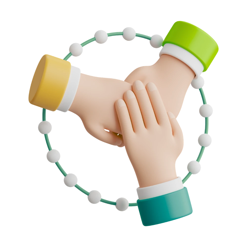 A 3D graphic of 3 hands holding eachother.