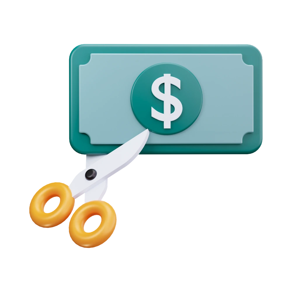 A 3D graphic of a dollar bill being cut by scissors.